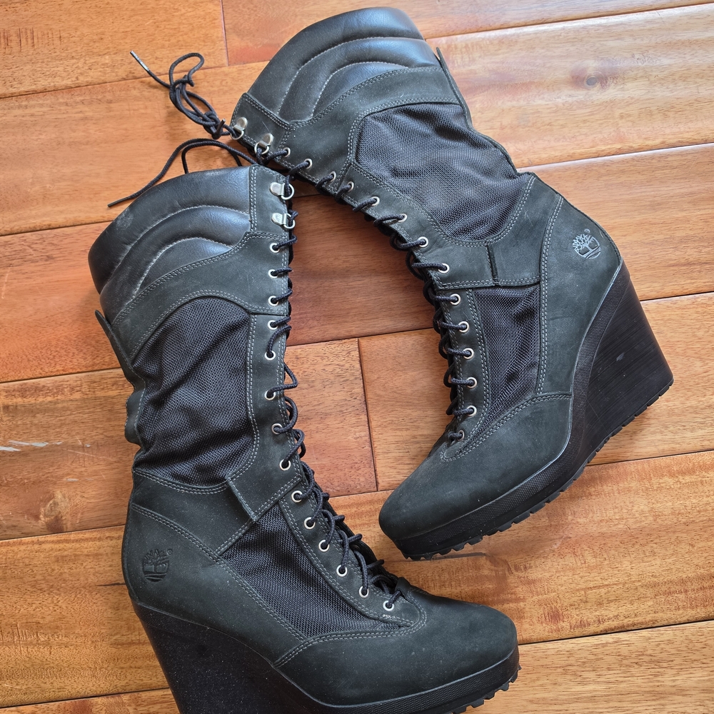 Timberland Black Lace-Up Wedge Boots - Women's